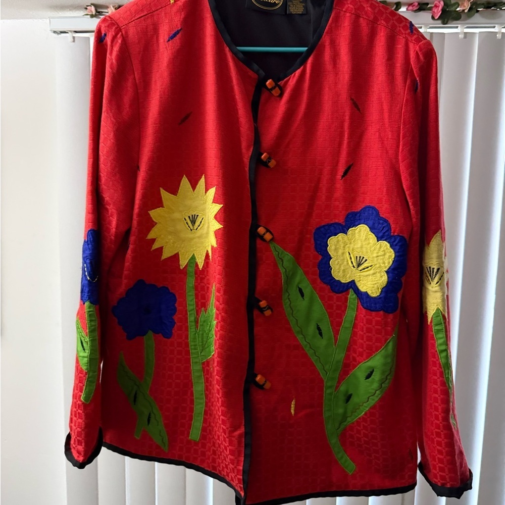 Whimsical VTG Floral Jacket Red Embroidered Art to Wear Size M Made in India